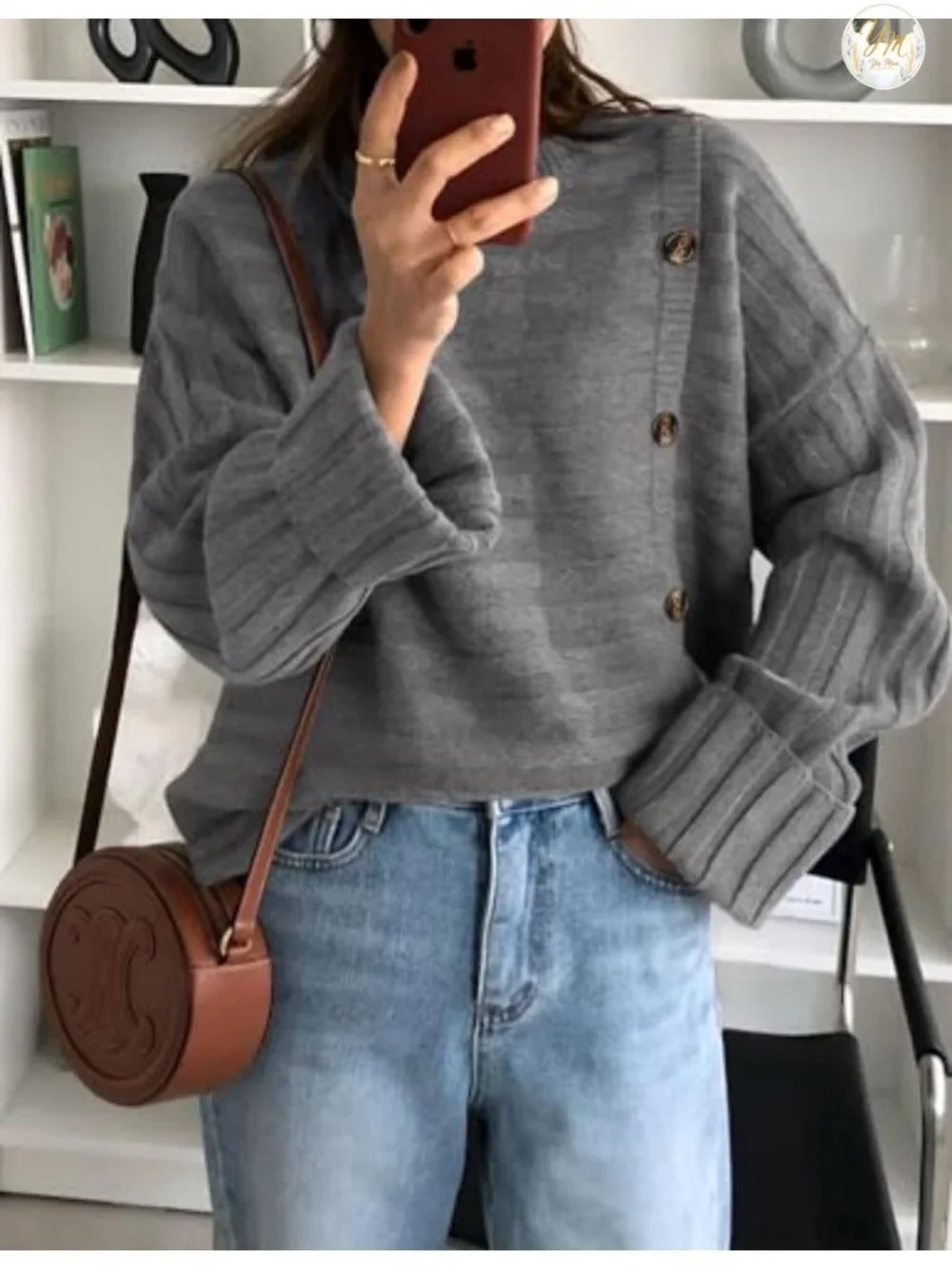 Womens Asymmetric Button Long Sleeve Knit Pullover Sweater Chunky
